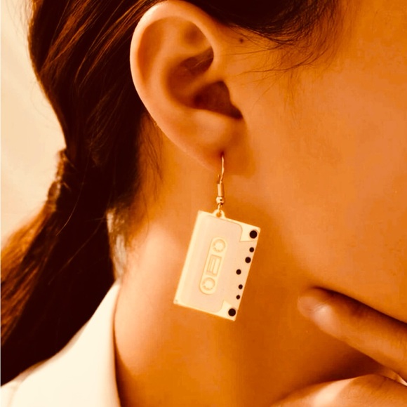 “Cassette Tape” Magnetic Mag Tape Retro Funky 70s 80s 90s Boombox Gold Earrings - Picture 5 of 5